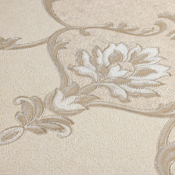 Luxury Cream Damask Embossed 3D Embossed Wallpaper, Boho Non-Woven Wall Covering, 41.7"W x 398"H, Washable Removable for Livi