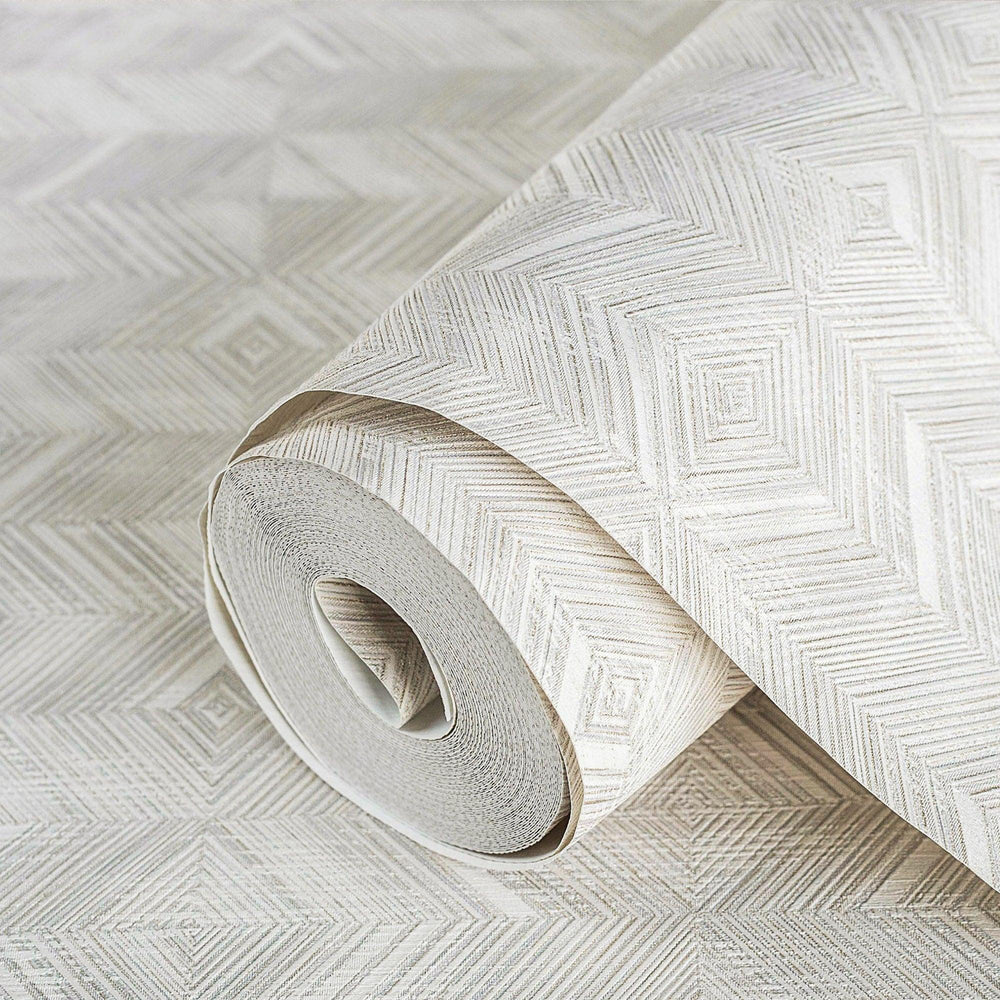 Luxury Ivory Geometric Textured Wallpaper, Coastal Non-Woven Wall Covering, 41.7"W x 614"H, Washable Removable for Living Roo
