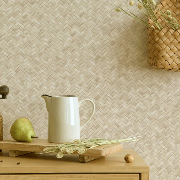 Luxury Beige Chevron Geometric 3D Embossed Wallpaper, Boho Non-Woven Wall Covering, 41.7"W x 614"H, Washable Removable for Li