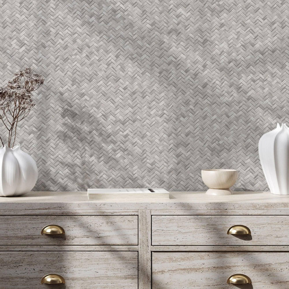 Luxury Gray Chevron Geometric 3D Embossed Wallpaper, Traditional Non-Woven Wall Covering, 41.7"W x 614"H, Washable Removable 
