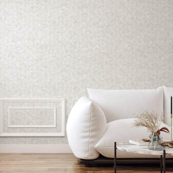 Luxury Ivory Chevron Geometric 3D Embossed Wallpaper, Coastal Non-Woven Wall Covering, 41.7"W x 614"H, Washable Removable for