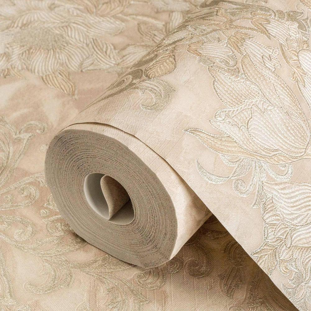 Luxury Beige Floral Damask 3D Embossed Wallpaper, Traditional Non-Woven Wall Covering, 41.7"W x 398"H, Washable Removable for