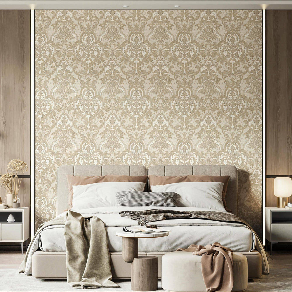 Luxury Beige Damask Velvet 3D Embossed Wallpaper, Premium Non-Woven Wall Covering, 41.7"W x 398"H, Washable Removable for Liv