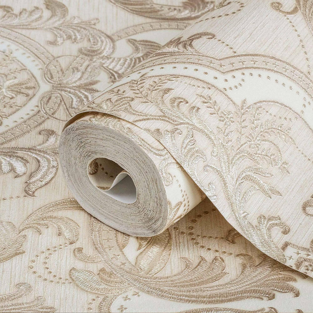Luxury Beige Damask Velvet 3D Embossed Wallpaper, Premium Non-Woven Wall Covering, 41.7"W x 398"H, Washable Removable for Liv