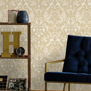 Luxury Beige Damask Velvet 3D Embossed Wallpaper, Premium Non-Woven Wall Covering, 41.7"W x 398"H, Washable Removable for Liv