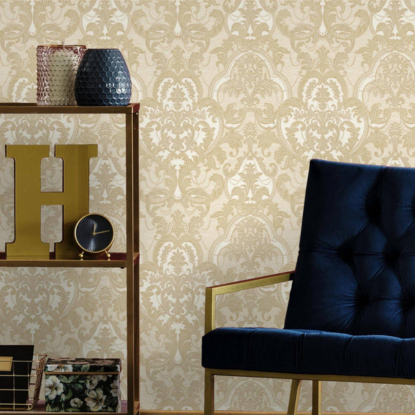 Luxury Beige Damask Velvet 3D Embossed Wallpaper, Premium Non-Woven Wall Covering, 41.7"W x 398"H, Washable Removable for Liv