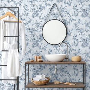 Luxury Blue Chinoiserie Floral Wallpaper, Coastal Non-Woven Wall Covering, 41.7"W x 614"H, Washable Removable for Living Room