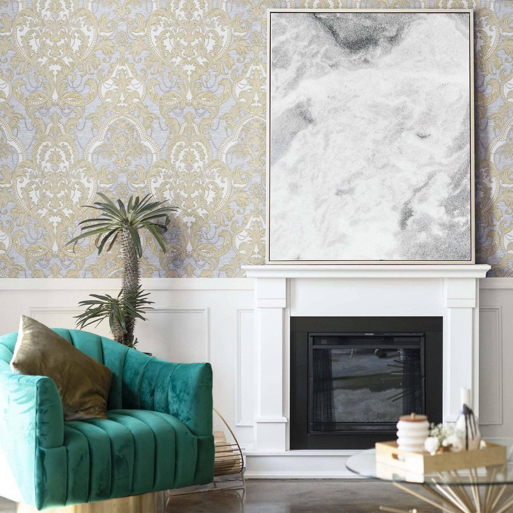 Luxury Blue Damask Velvet 3D Embossed Wallpaper, Premium Non-Woven Wall Covering, 41.7"W x 398"H, Washable Removable for Livi