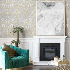 Luxury Blue Damask Velvet 3D Embossed Wallpaper, Premium Non-Woven Wall Covering, 41.7"W x 398"H, Washable Removable for Livi