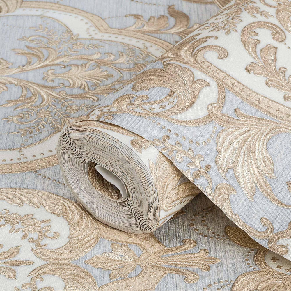 Luxury Blue Damask Velvet 3D Embossed Wallpaper, Premium Non-Woven Wall Covering, 41.7"W x 398"H, Washable Removable for Livi