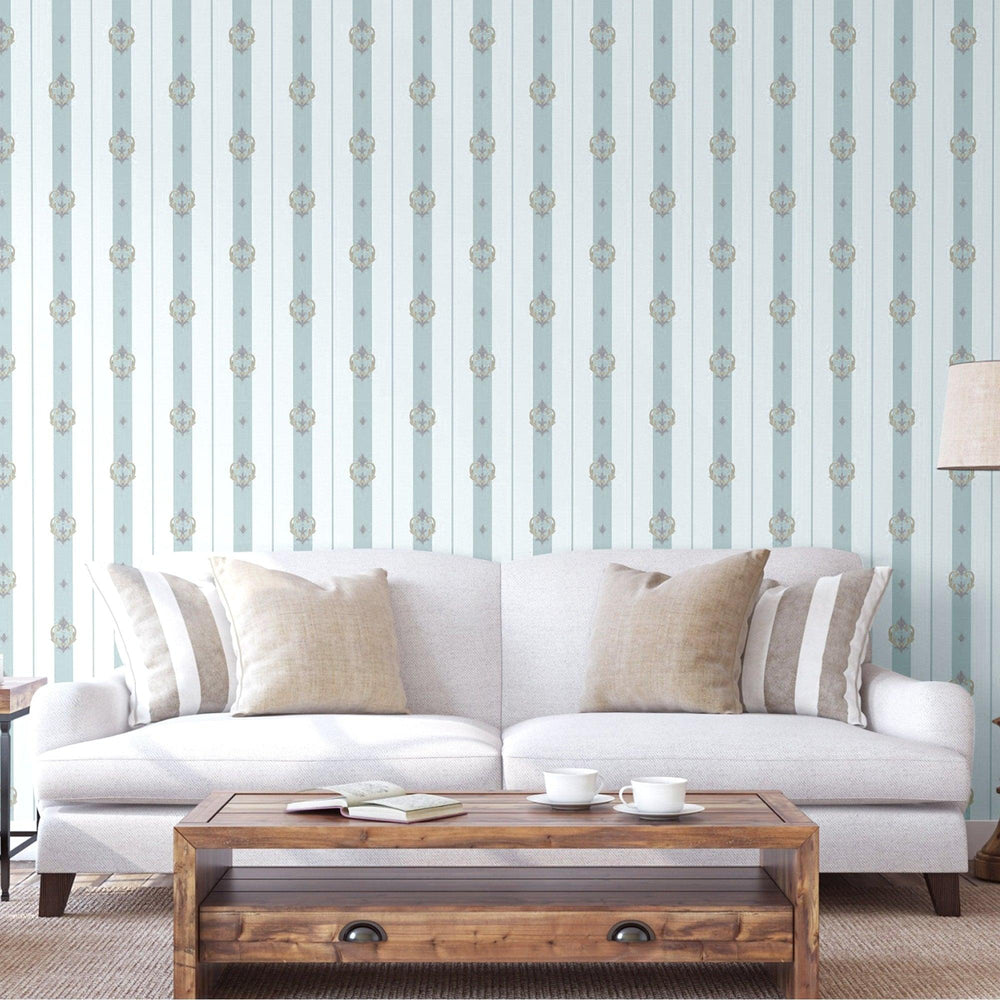 Luxury Blue Damask Striped Wallpaper, Coastal Non-Woven Wall Covering, 41.7"W x 398"H, Washable Removable for Living Room Bed