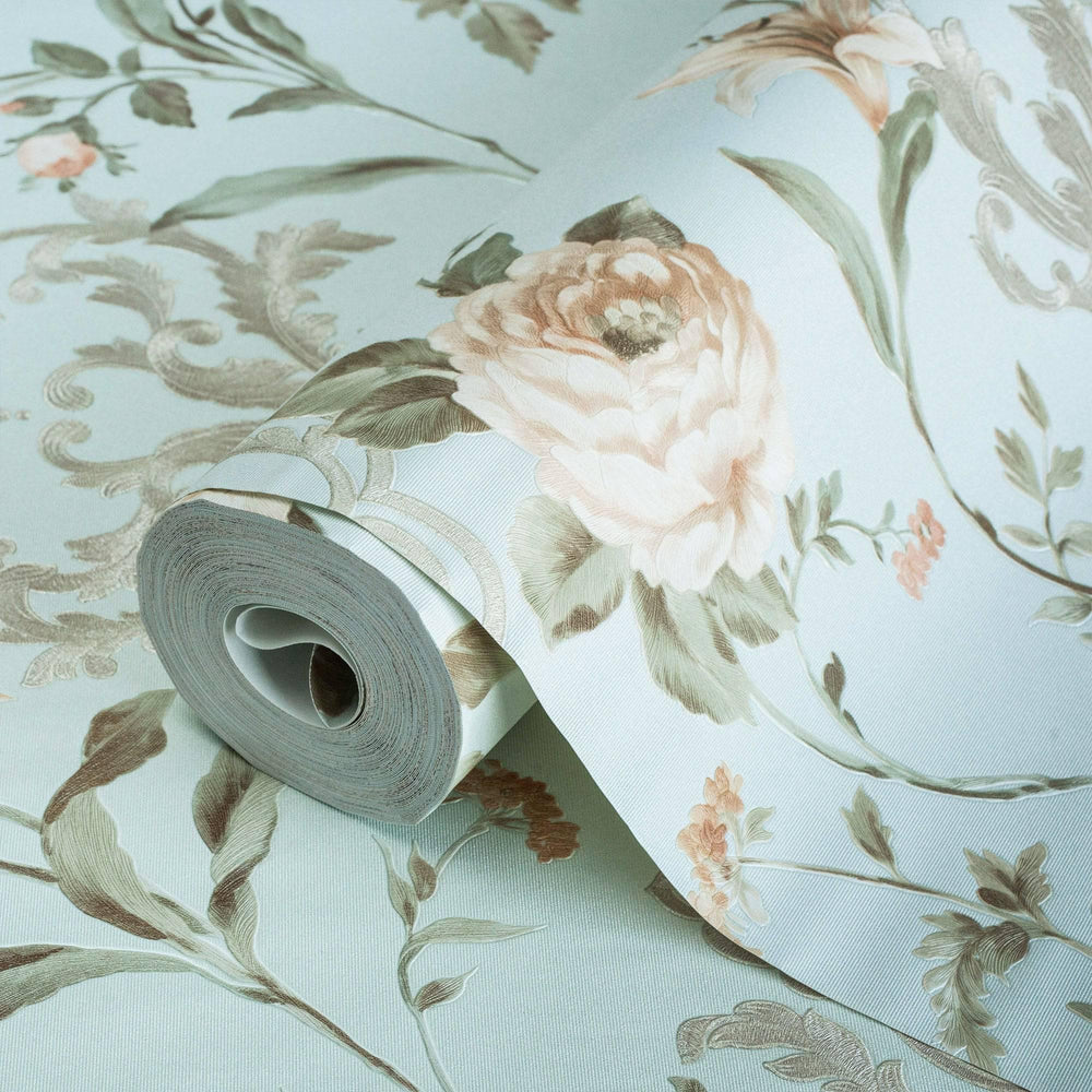 Luxury Blue Floral Embossed 3D Embossed Wallpaper, Coastal Non-Woven Wall Covering, 41.7"W x 398"H, Washable Removable for Li