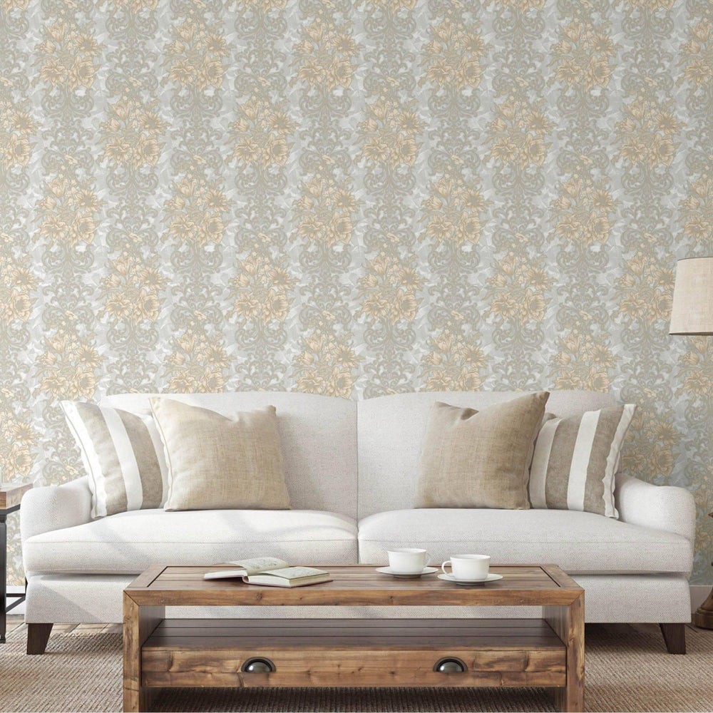 Luxury Gray Floral Damask 3D Embossed Wallpaper, Premium Non-Woven Wall Covering, 41.7"W x 398"H, Washable Removable for Livi