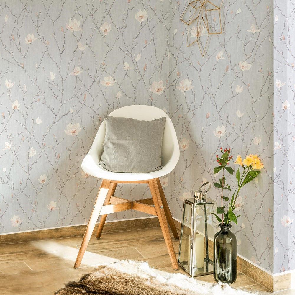 Luxury Gray Floral Chinoiserie Wallpaper, Mediterranean Non-Woven Wall Covering, 41.7"W x 398"H, Washable Removable for Livin