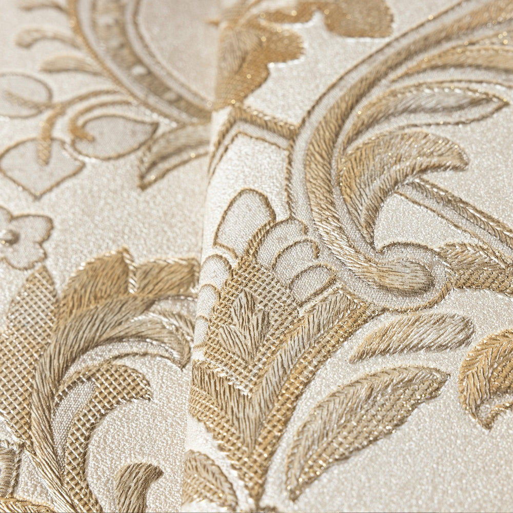 Luxury Gold Damask Textured Wallpaper, Premium Non-Woven Wall Covering, 41.7"W x 398"H, Washable Removable for Living Room Be