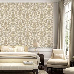 Luxury Gold Damask Textured Wallpaper, Premium Non-Woven Wall Covering, 41.7"W x 398"H, Washable Removable for Living Room Be