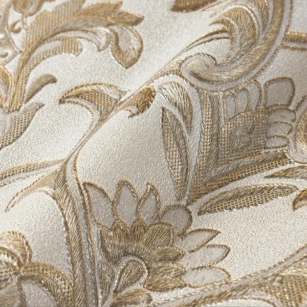 Luxury Gold Damask Textured Wallpaper, Premium Non-Woven Wall Covering, 41.7"W x 398"H, Washable Removable for Living Room Be