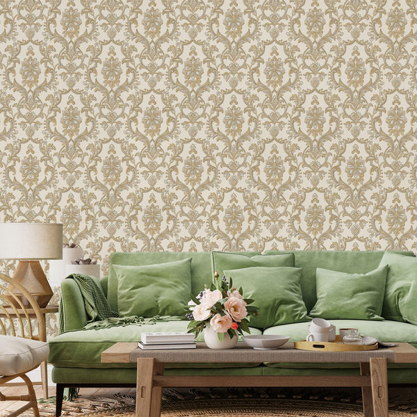 Luxury Gold Damask Textured Wallpaper, Premium Non-Woven Wall Covering, 41.7"W x 398"H, Washable Removable for Living Room Be
