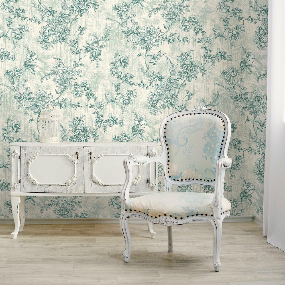 Luxury Green Chinoiserie Floral Wallpaper, Farmhouse Non-Woven Wall Covering, 41.7"W x 614"H, Washable Removable for Living R