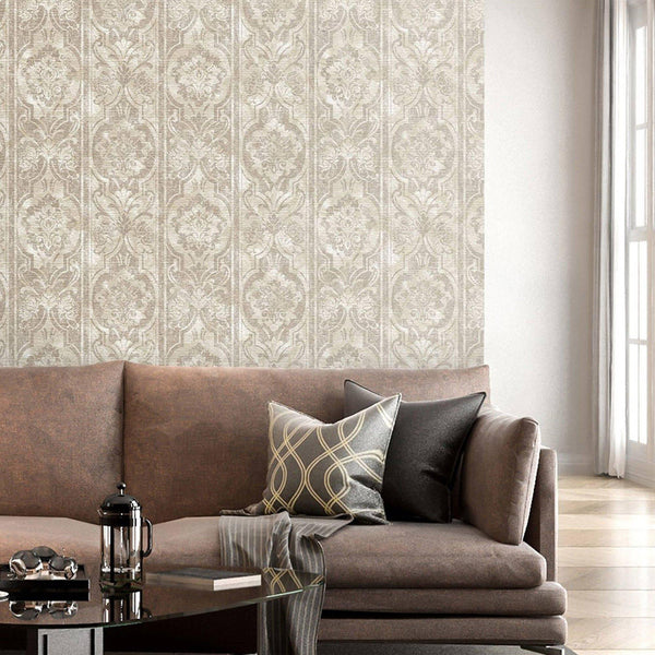 Luxury Beige Damask Abstract Textured Wallpaper, Premium Non-Woven Wall Covering, 41.7"W x 398"H, Washable Removable for Livi