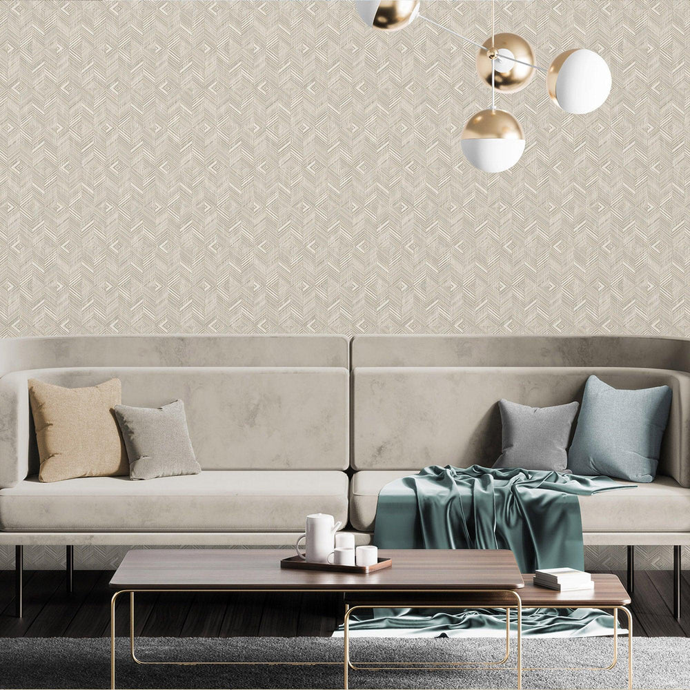 Luxury Tan Geometric Textured Wallpaper, Minimalist Non-Woven Wall Covering, 41.7"W x 614"H, Washable Removable for Living Ro