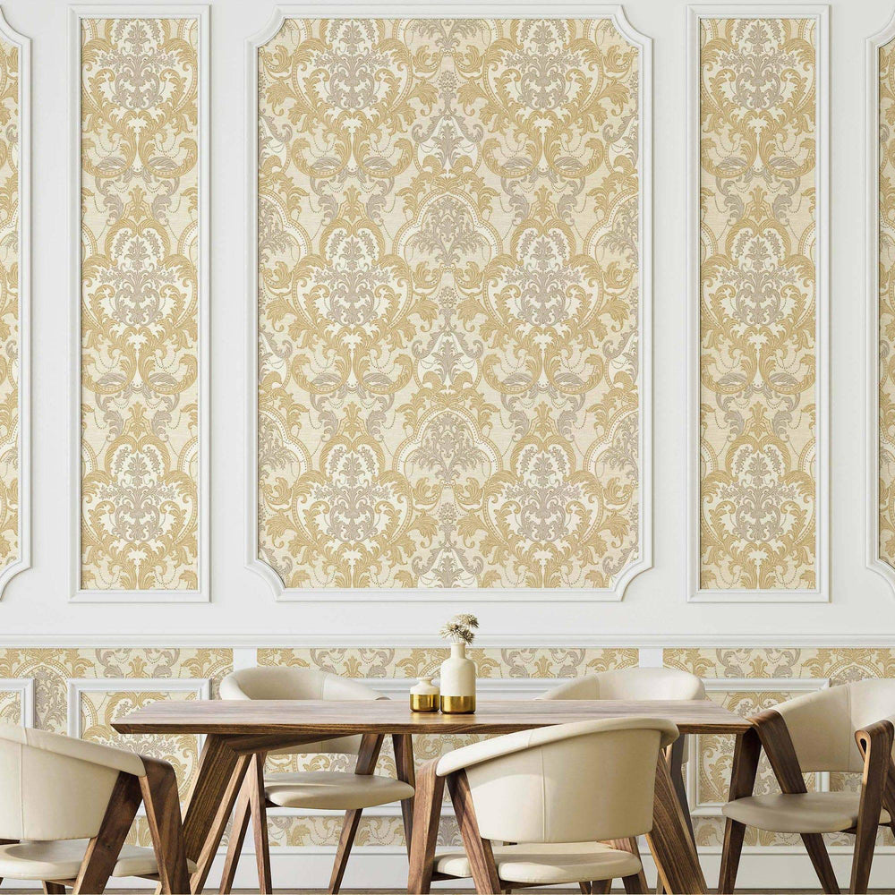 Luxury Gold Damask Velvet 3D Embossed Wallpaper, Premium Non-Woven Wall Covering, 41.7"W x 398"H, Washable Removable for Livi