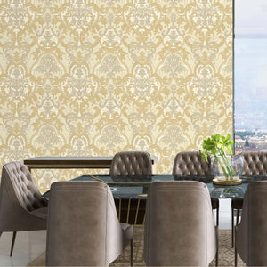 Luxury Gold Damask Velvet 3D Embossed Wallpaper, Premium Non-Woven Wall Covering, 41.7"W x 398"H, Washable Removable for Livi