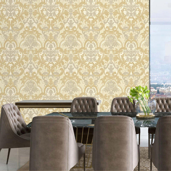 Luxury Gold Damask Velvet 3D Embossed Wallpaper, Premium Non-Woven Wall Covering, 41.7"W x 398"H, Washable Removable for Livi