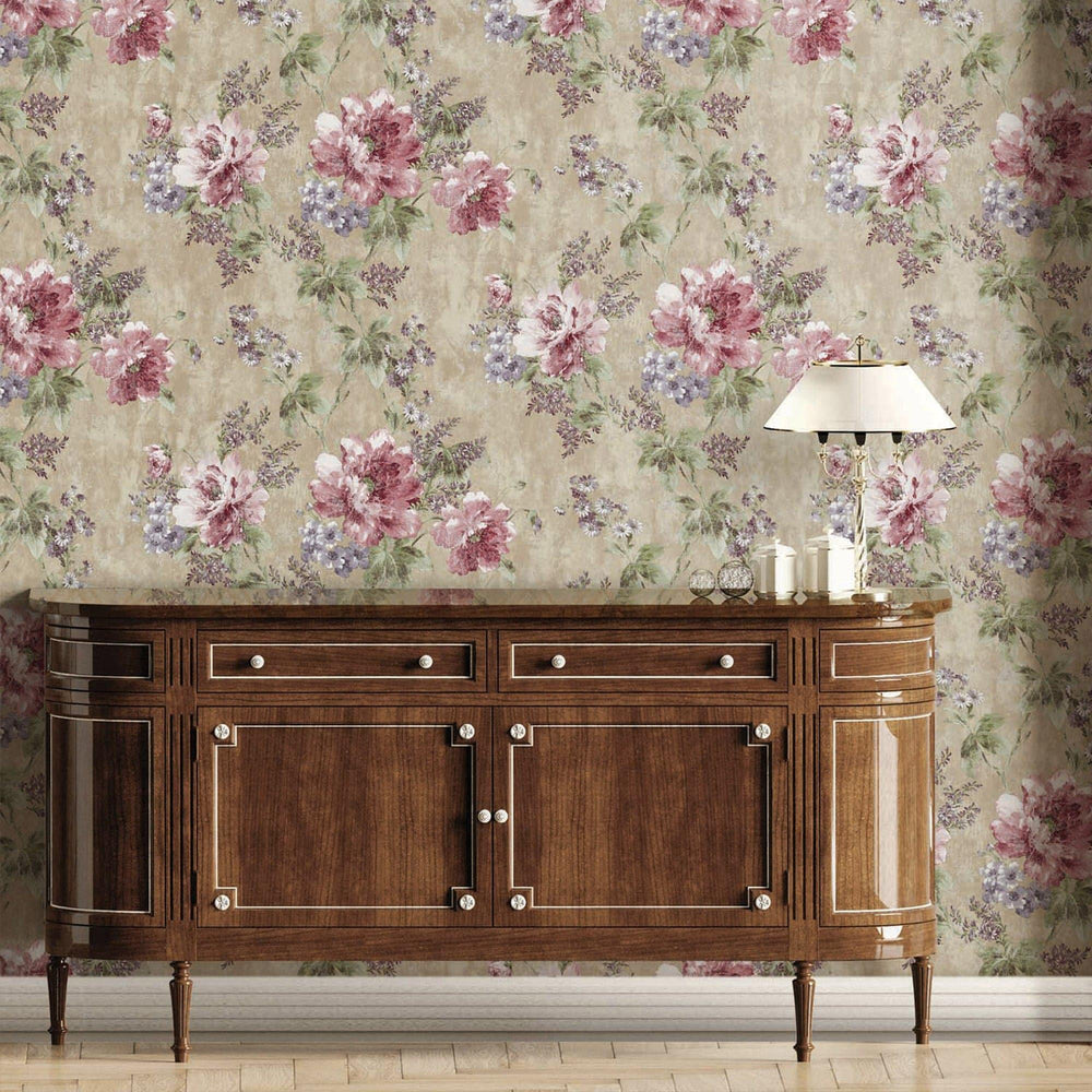 Luxury Pink Floral Textured Wallpaper, Traditional Non-Woven Wall Covering, 41.7"W x 398"H, Washable Removable for Living Roo