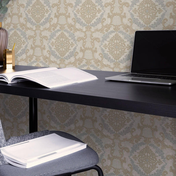 Luxury Beige Damask Textured 3D Embossed Wallpaper, Victorian Non-Woven Wall Covering, 41.7"W x 398"H, Washable Removable for