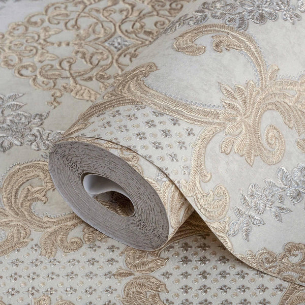 Luxury Beige Damask Textured 3D Embossed Wallpaper, Victorian Non-Woven Wall Covering, 41.7"W x 398"H, Washable Removable for