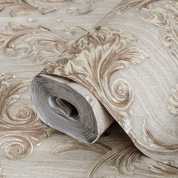 Luxury Brown Damask Floral 3D Embossed Wallpaper, Traditional Non-Woven Wall Covering, 41.7"W x 398"H, Washable Removable for