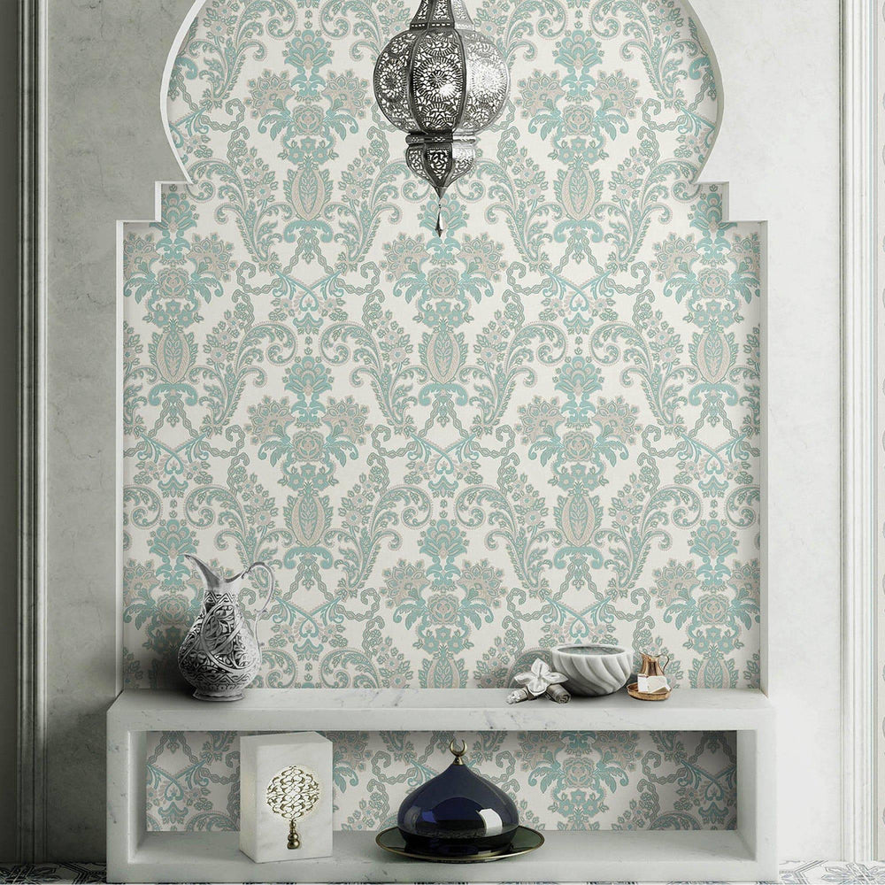 Luxury Beige Damask Textured 3D Embossed Wallpaper, Boho Non-Woven Wall Covering, 41.7"W x 398"H, Washable Removable for Livi