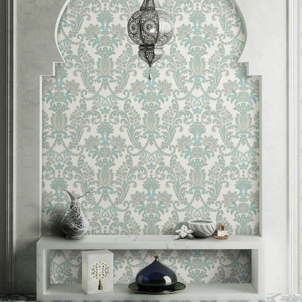 Luxury Beige Damask Textured 3D Embossed Wallpaper, Boho Non-Woven Wall Covering, 41.7"W x 398"H, Washable Removable for Livi