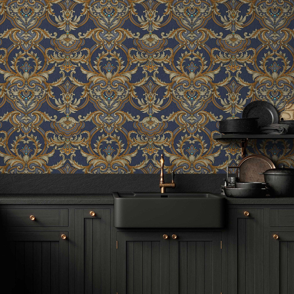 Luxury Blue Damask Embossed 3D Embossed Wallpaper, Coastal Non-Woven Wall Covering, 41.7"W x 398"H, Washable Removable for Li