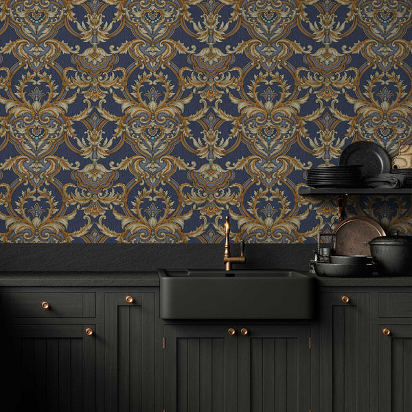 Luxury Blue Damask Embossed 3D Embossed Wallpaper, Coastal Non-Woven Wall Covering, 41.7"W x 398"H, Washable Removable for Li