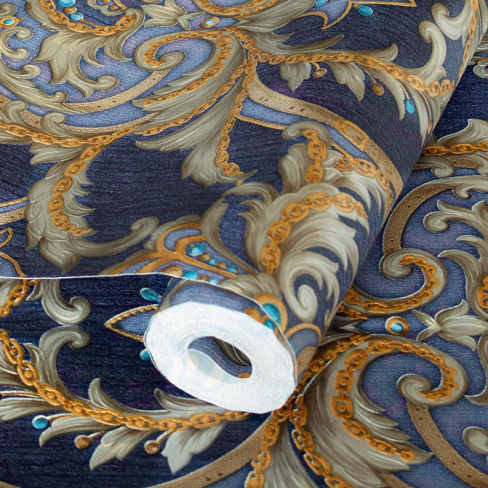 Luxury Blue Damask Embossed 3D Embossed Wallpaper, Coastal Non-Woven Wall Covering, 41.7"W x 398"H, Washable Removable for Li