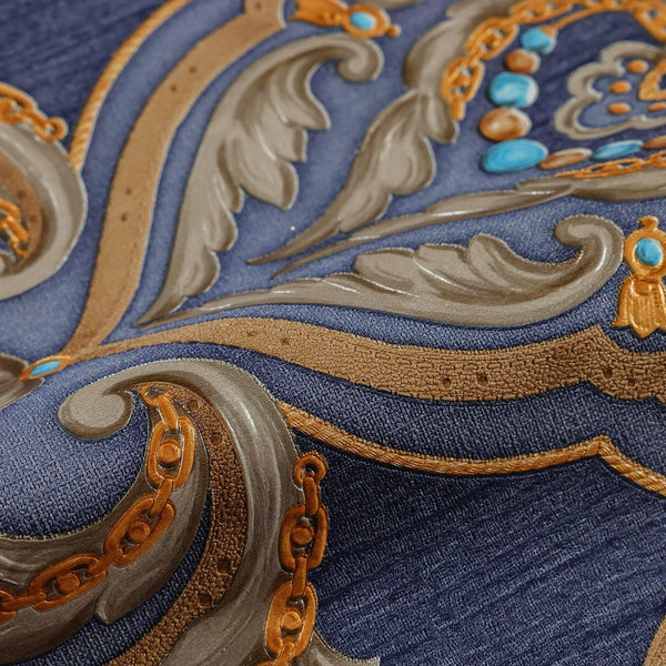 Luxury Blue Damask Embossed 3D Embossed Wallpaper, Coastal Non-Woven Wall Covering, 41.7"W x 398"H, Washable Removable for Li