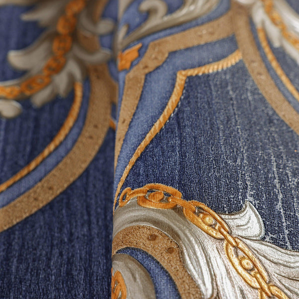 Luxury Blue Damask Embossed 3D Embossed Wallpaper, Coastal Non-Woven Wall Covering, 41.7"W x 398"H, Washable Removable for Li