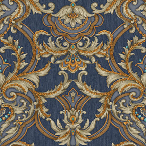 Luxury Blue Damask Embossed 3D Embossed Wallpaper, Coastal Non-Woven Wall Covering, 41.7"W x 398"H, Washable Removable for Li