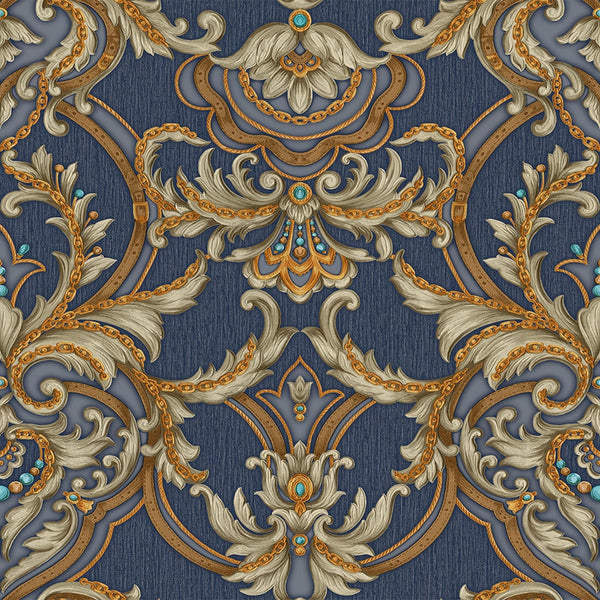 Luxury Blue Damask Embossed 3D Embossed Wallpaper, Coastal Non-Woven Wall Covering, 41.7"W x 398"H, Washable Removable for Li