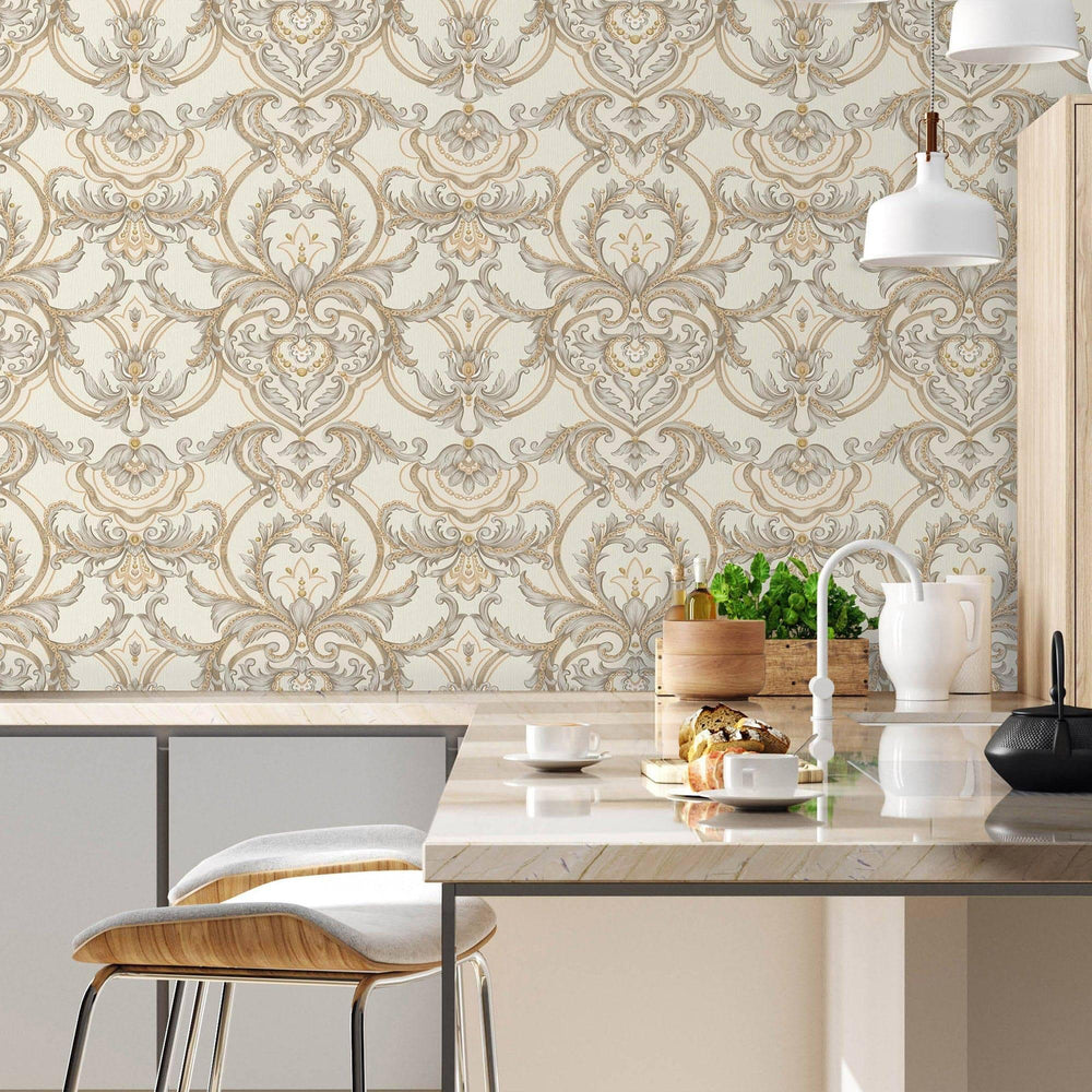 Luxury Cream Damask Embossed 3D Embossed Wallpaper, Premium Non-Woven Wall Covering, 41.7"W x 398"H, Washable Removable for L