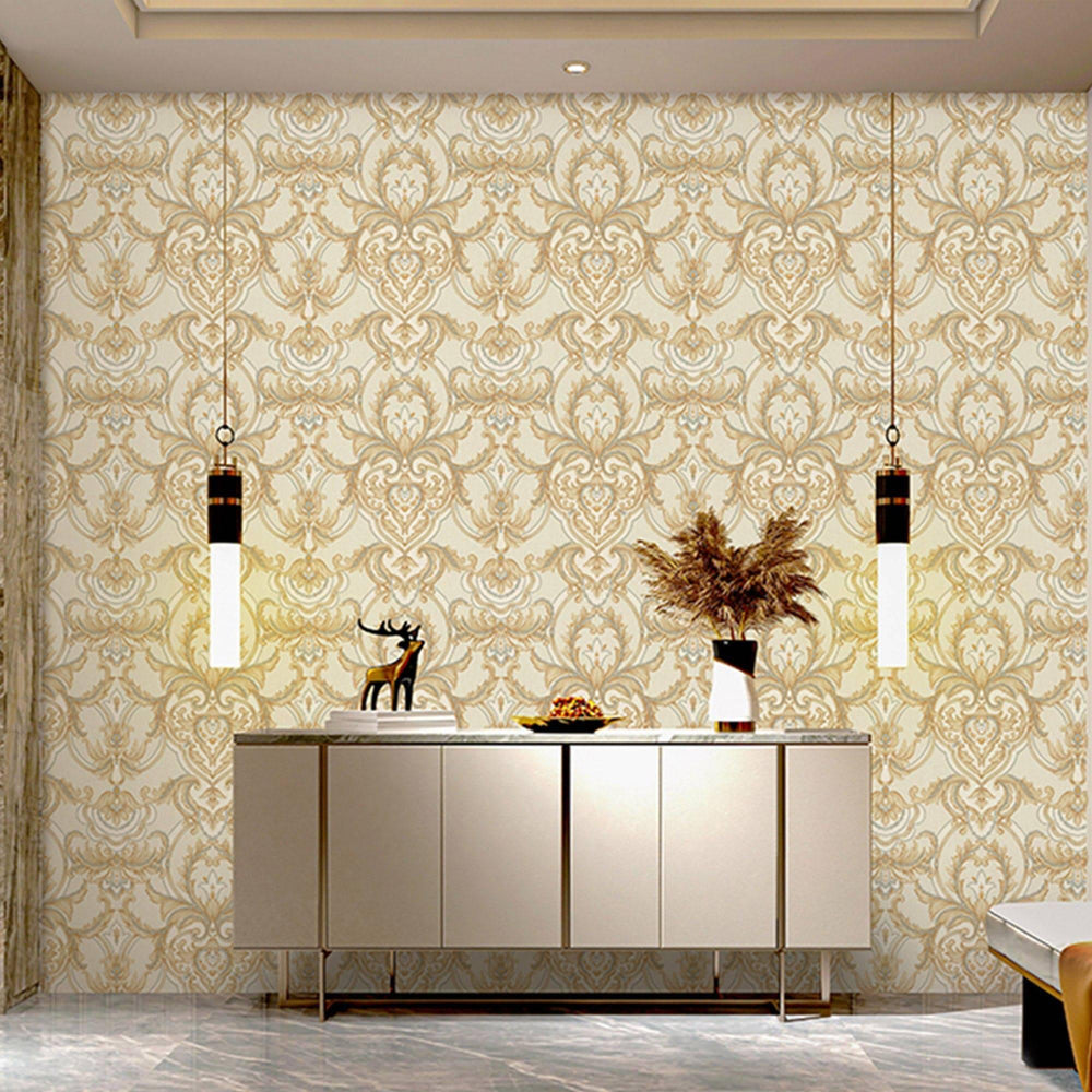 Luxury Gold Damask Embossed 3D Embossed Wallpaper, Premium Non-Woven Wall Covering, 41.7"W x 398"H, Washable Removable for Li