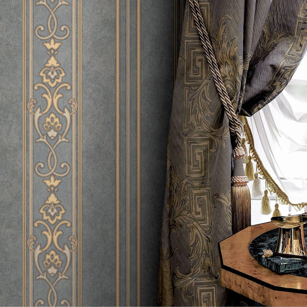 Luxury Gold Striped Stripe 3D Embossed Wallpaper, Traditional Non-Woven Wall Covering, 41.7"W x 398"H, Washable Removable for