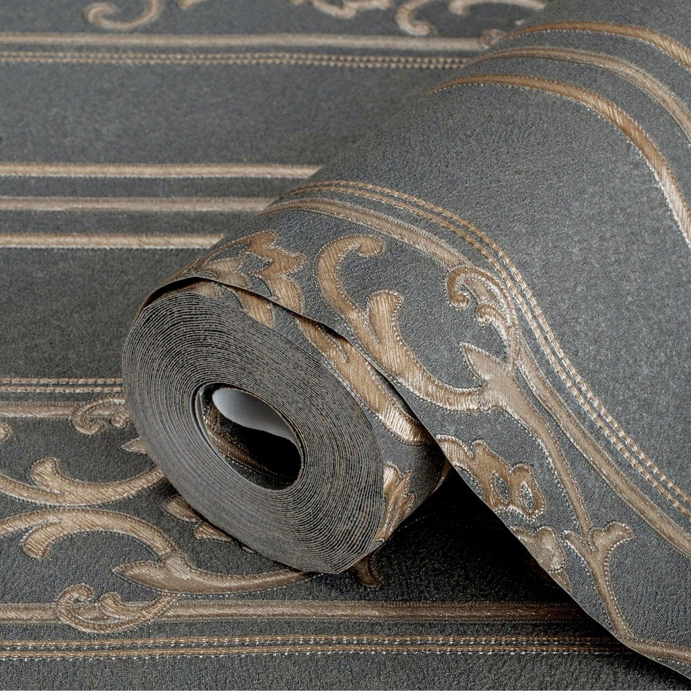 Luxury Gold Striped Stripe 3D Embossed Wallpaper, Traditional Non-Woven Wall Covering, 41.7"W x 398"H, Washable Removable for