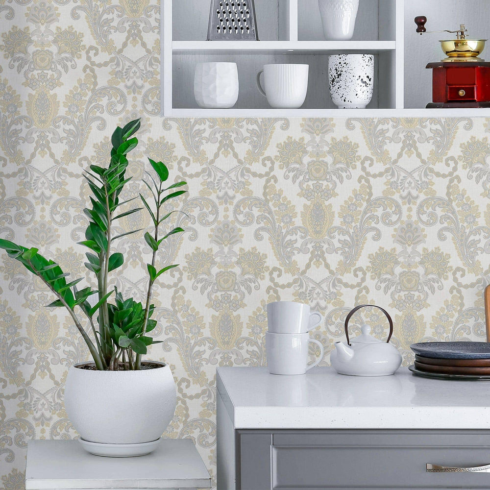 Luxury Cream Damask Striped 3D Embossed Wallpaper, Traditional Non-Woven Wall Covering, 41.7"W x 398"H, Washable Removable fo
