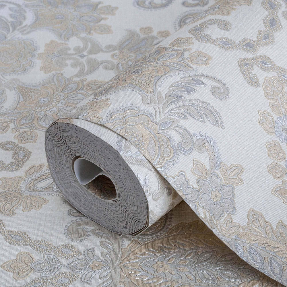 Luxury Cream Damask Striped 3D Embossed Wallpaper, Traditional Non-Woven Wall Covering, 41.7"W x 398"H, Washable Removable fo