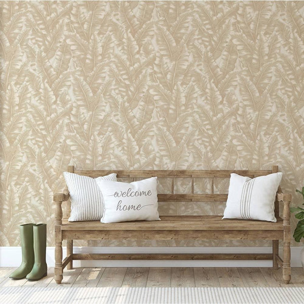Luxury Beige Leaves Tropical Wallpaper, Boho Non-Woven Wall Covering, 41.7"W x 614"H, Washable Removable for Living Room Bedr