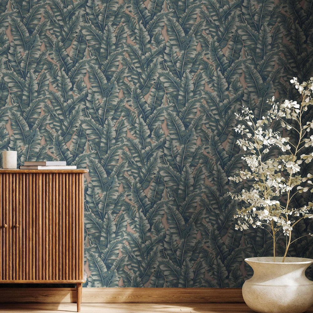 Luxury Blue Leaves Tropical Wallpaper, Coastal Non-Woven Wall Covering, 41.7"W x 614"H, Washable Removable for Living Room Be