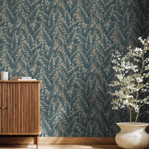 Luxury Blue Leaves Tropical Wallpaper, Coastal Non-Woven Wall Covering, 41.7"W x 614"H, Washable Removable for Living Room Be